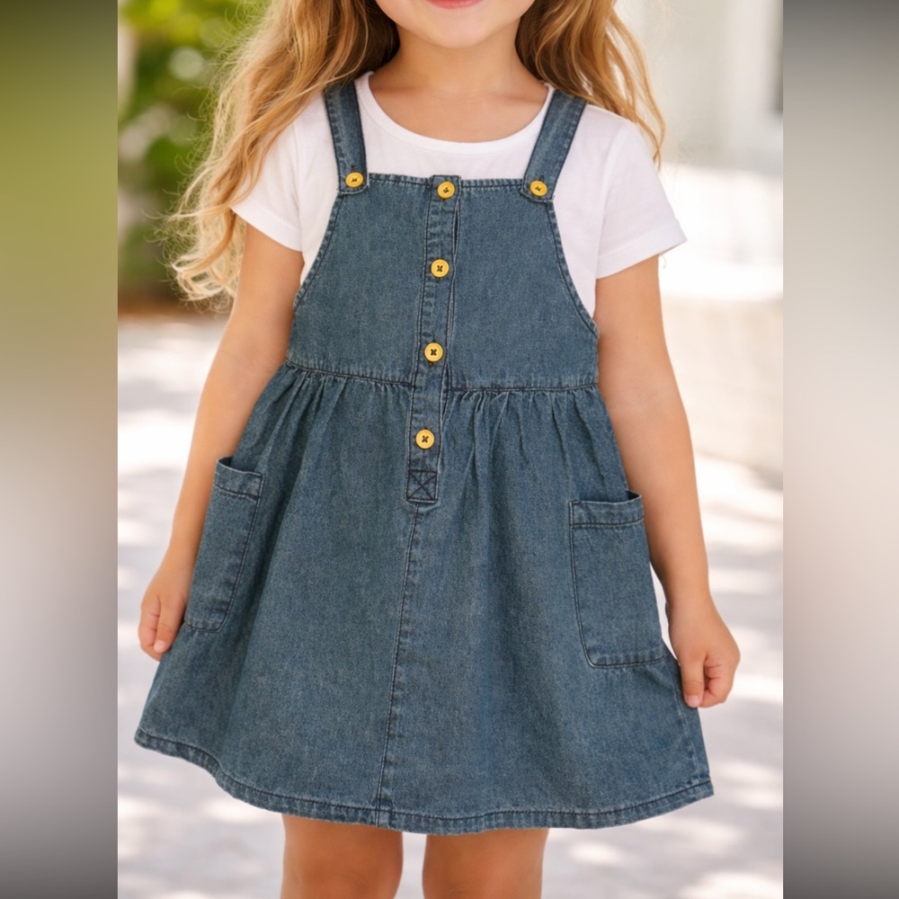Copper Key Blue Denim Overall Dress with Yellow Accents